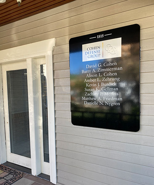 auburn, ca office exterior showing list of attorneys at cohen defense group